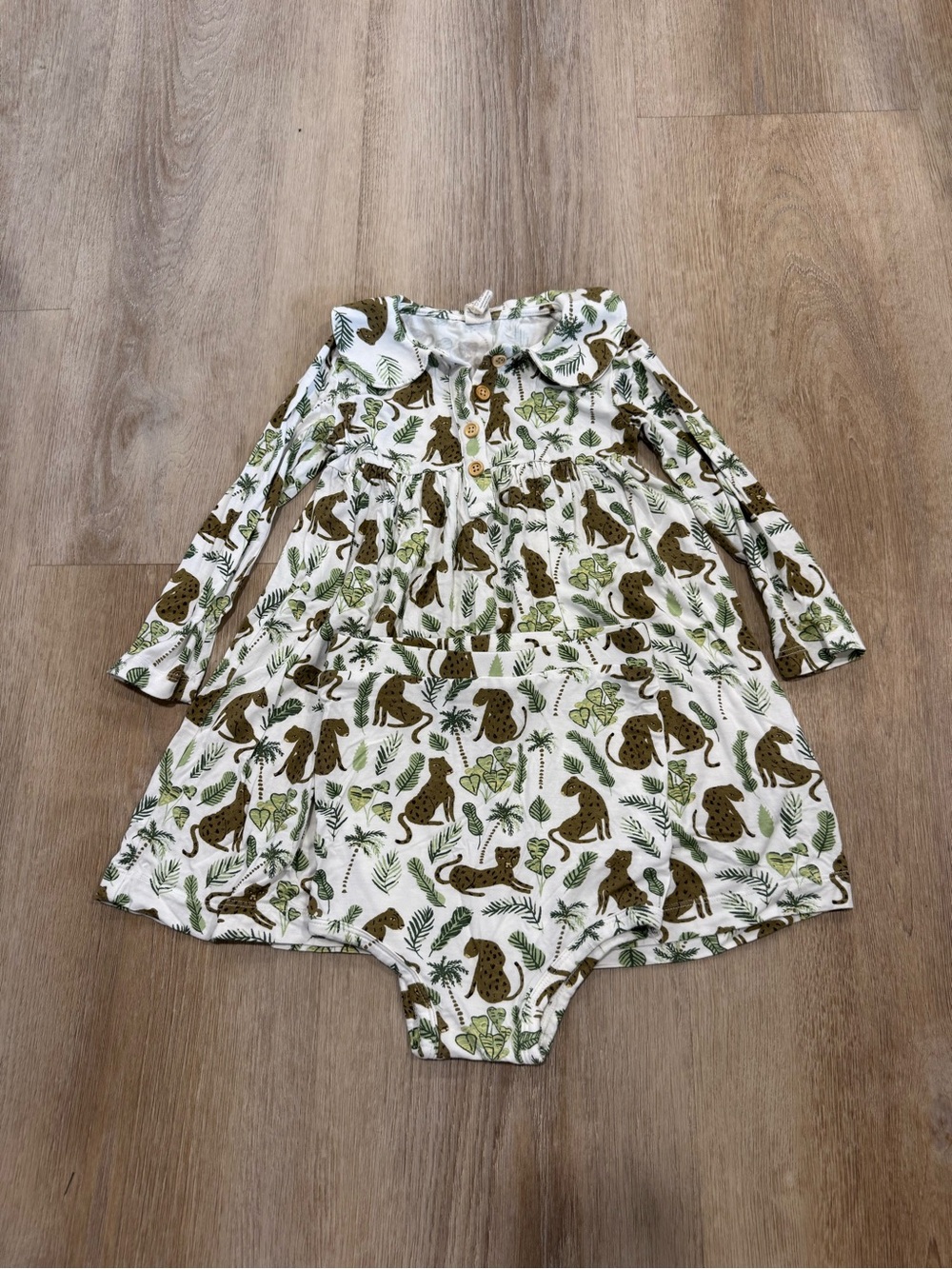 Kate Quinn Bamboo White Dress and Bloomers with Olive & Brown Leopard Print
